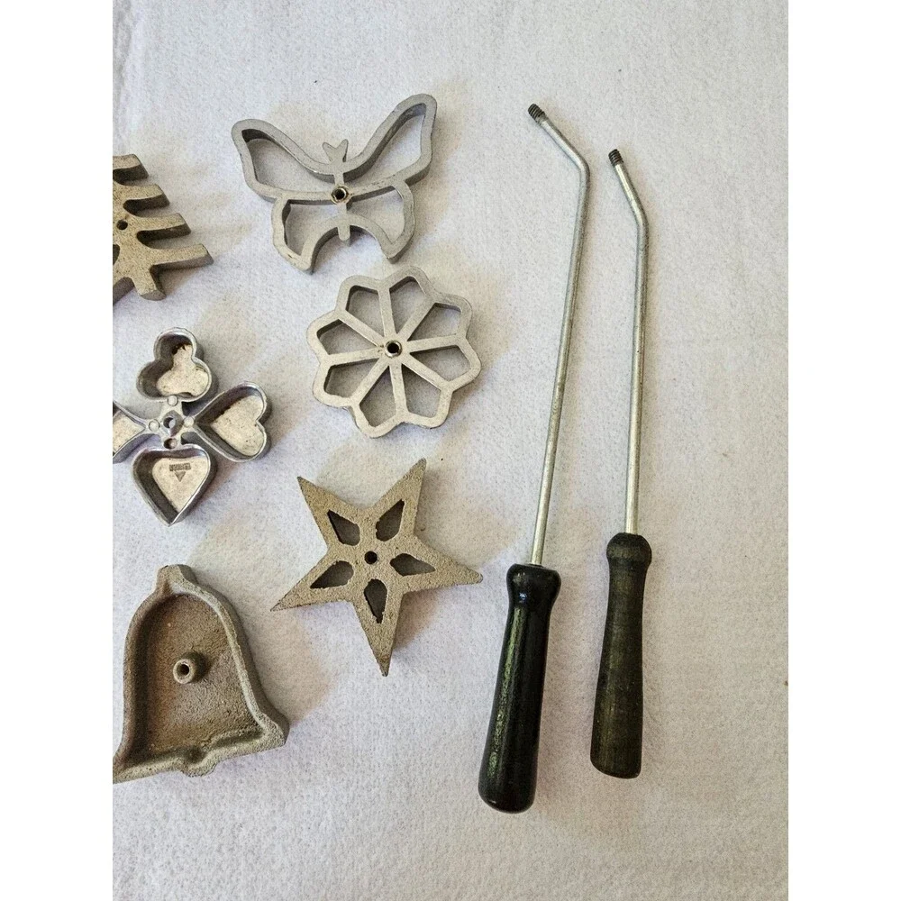 Vintage Rosette Iron Set Patty Shell Timbale Maker 6 Molds Handles Box